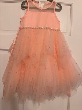 American Princess Peach Pink Layered Tulle Pearl Trim Flower Girl Dress